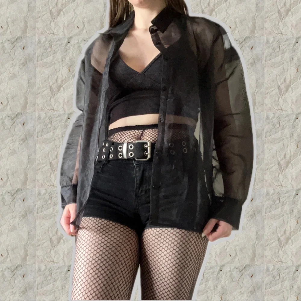 NEW BEAUTIFUL RARE GOTH BLACK MESH BUTTON UP TOP - Picture 2 of 16